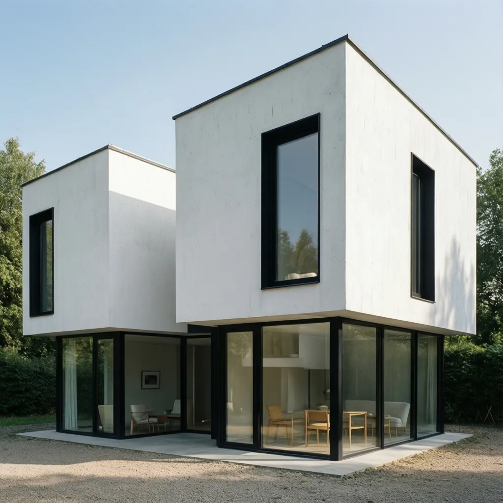 Fachada minimalista de una casa cúbica moderna con ventanas grandes