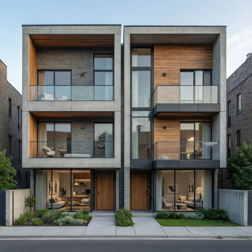 Modern three-story duplex house exterior with concrete walls wood panels glass balconies and large windows