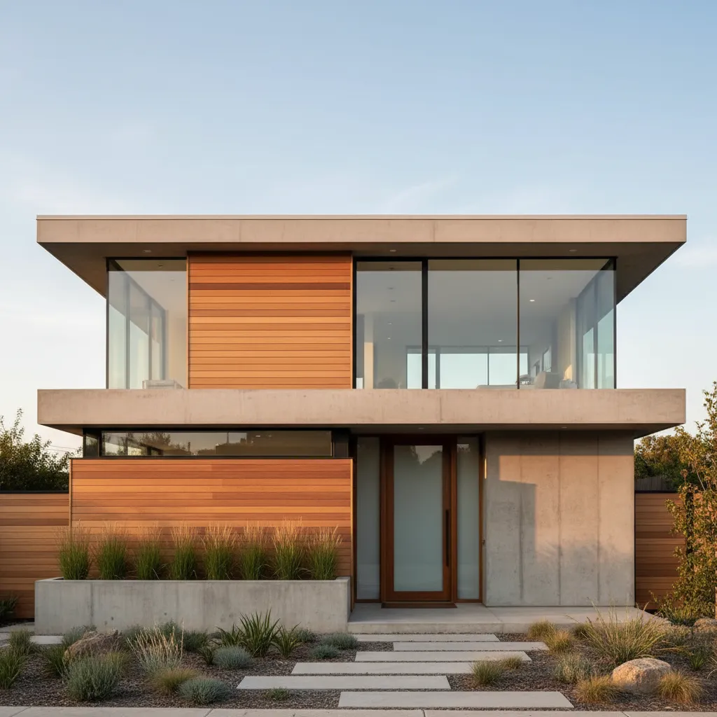Fachada contemporánea de una casa de dos pisos con líneas minimalistas