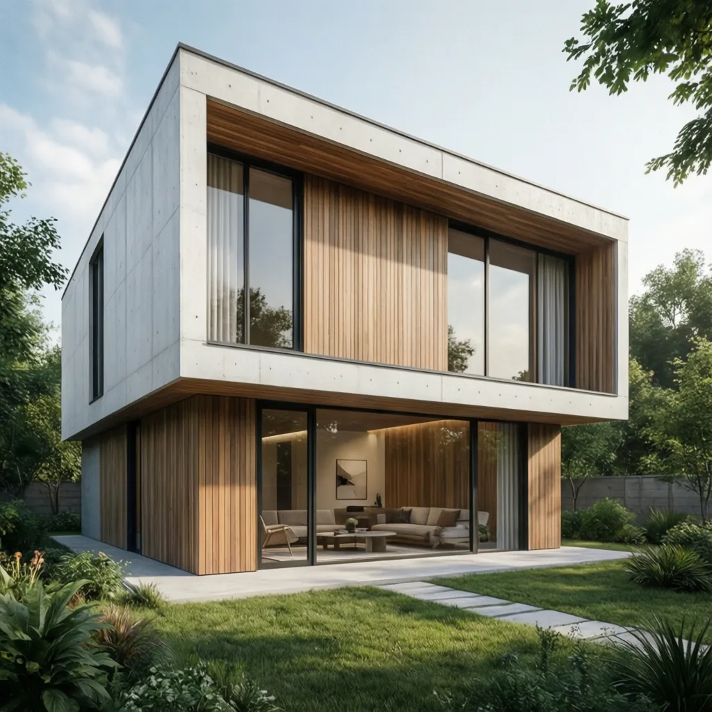 Fachada moderna y sencilla de una casa de dos pisos