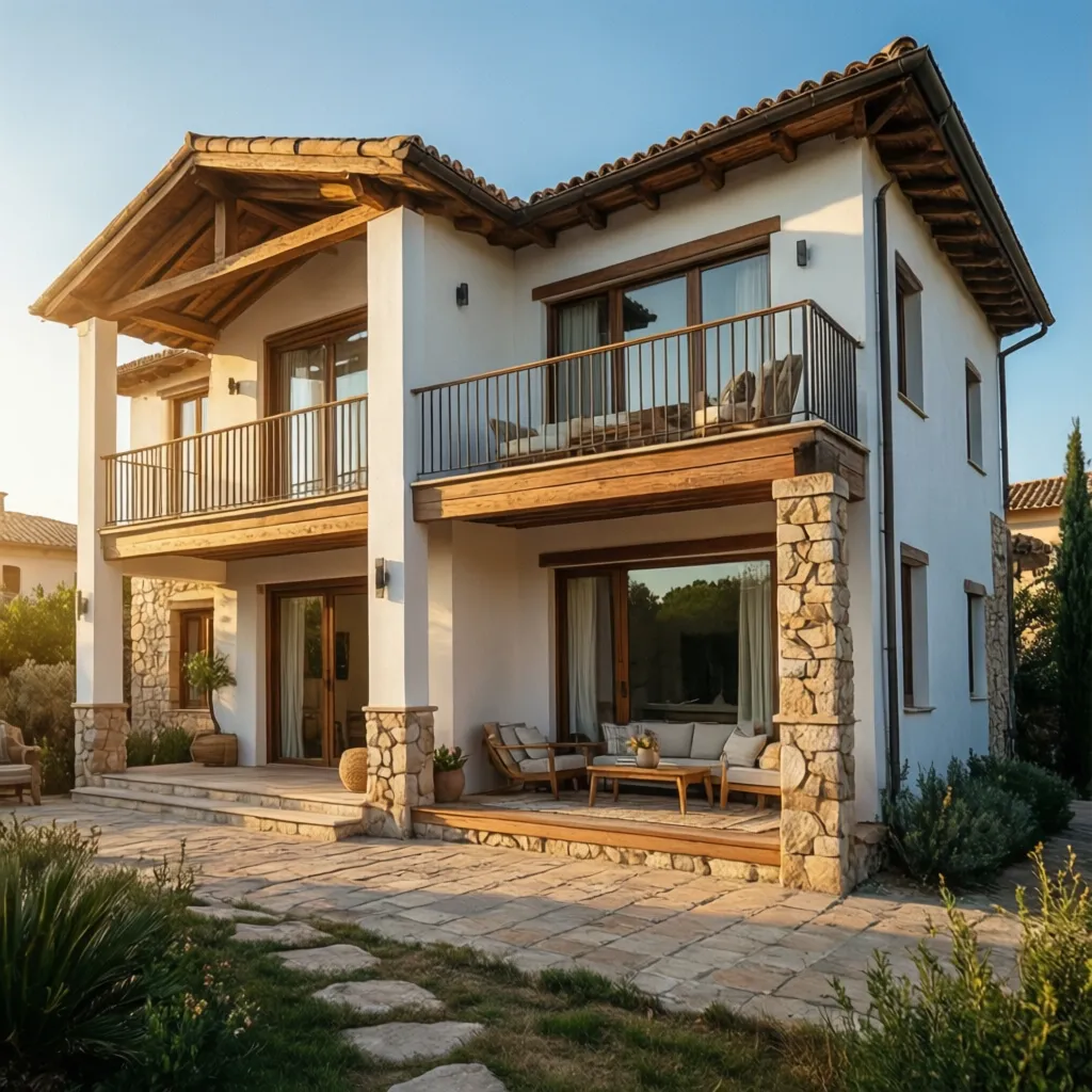 Mediterranean two-story house exterior with white walls stone pillars wooden balconies and a sunny patio