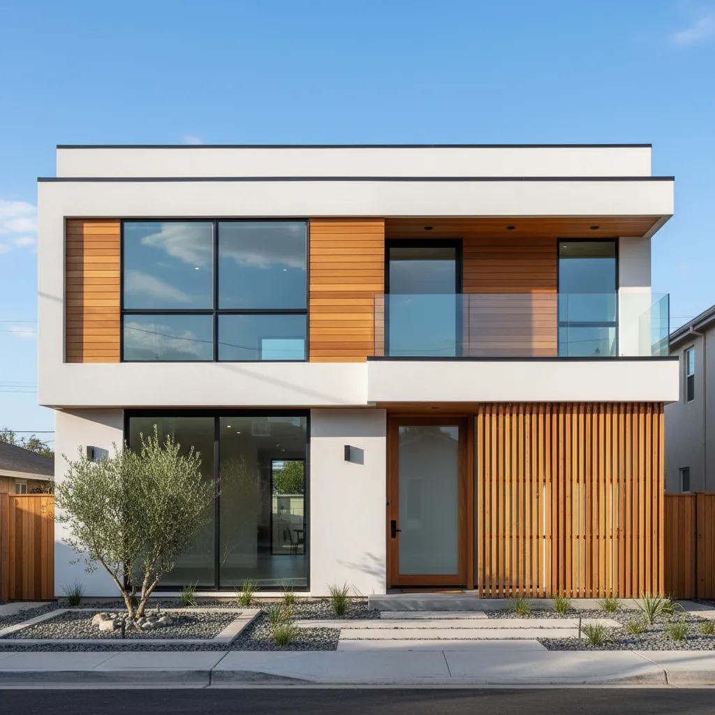 Fachada moderna y sencilla de casa de dos plantas