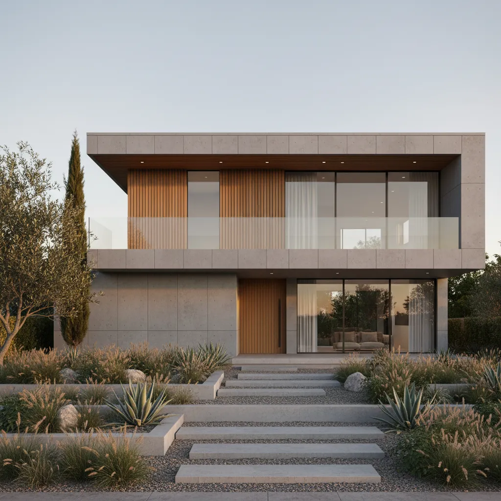Fachada moderna de casa de dos plantas con diseño minimalista