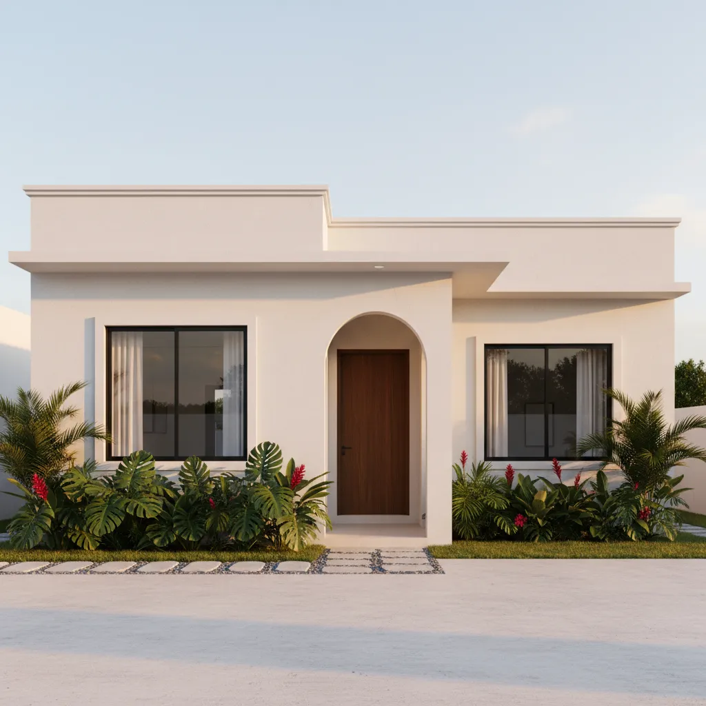 Fachada moderna sencilla con jardín tropical