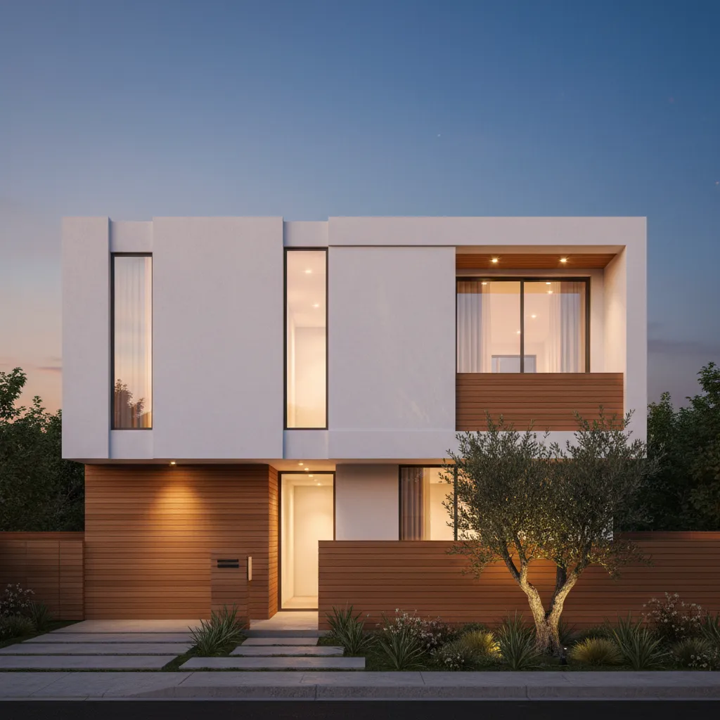 Fachada moderna simple de casa económica de dos plantas