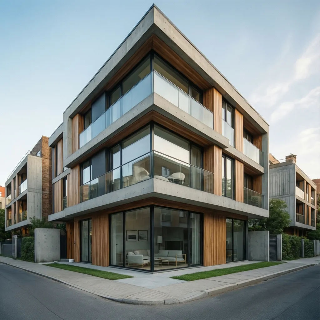Fachada moderna de casa en esquina con dos calles visibles