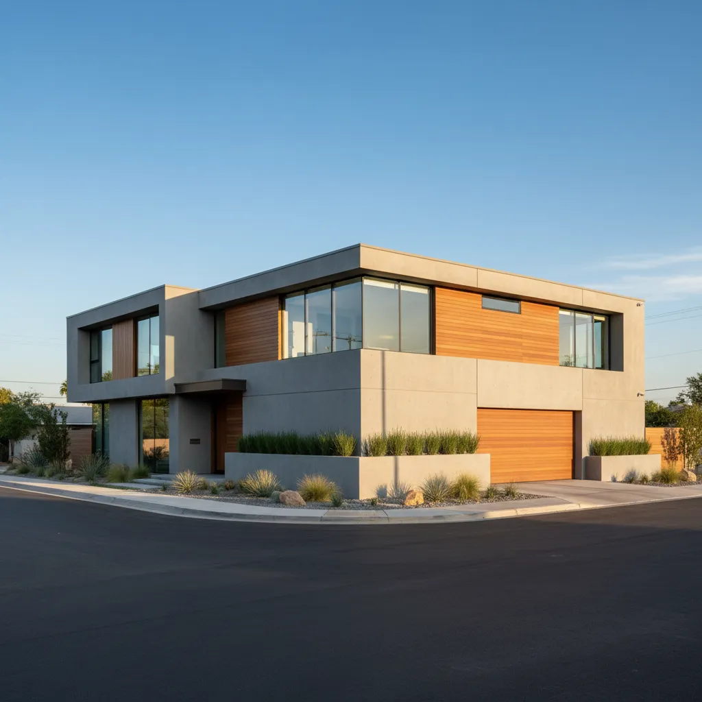 Fachada de vivienda en esquina con garaje lateral