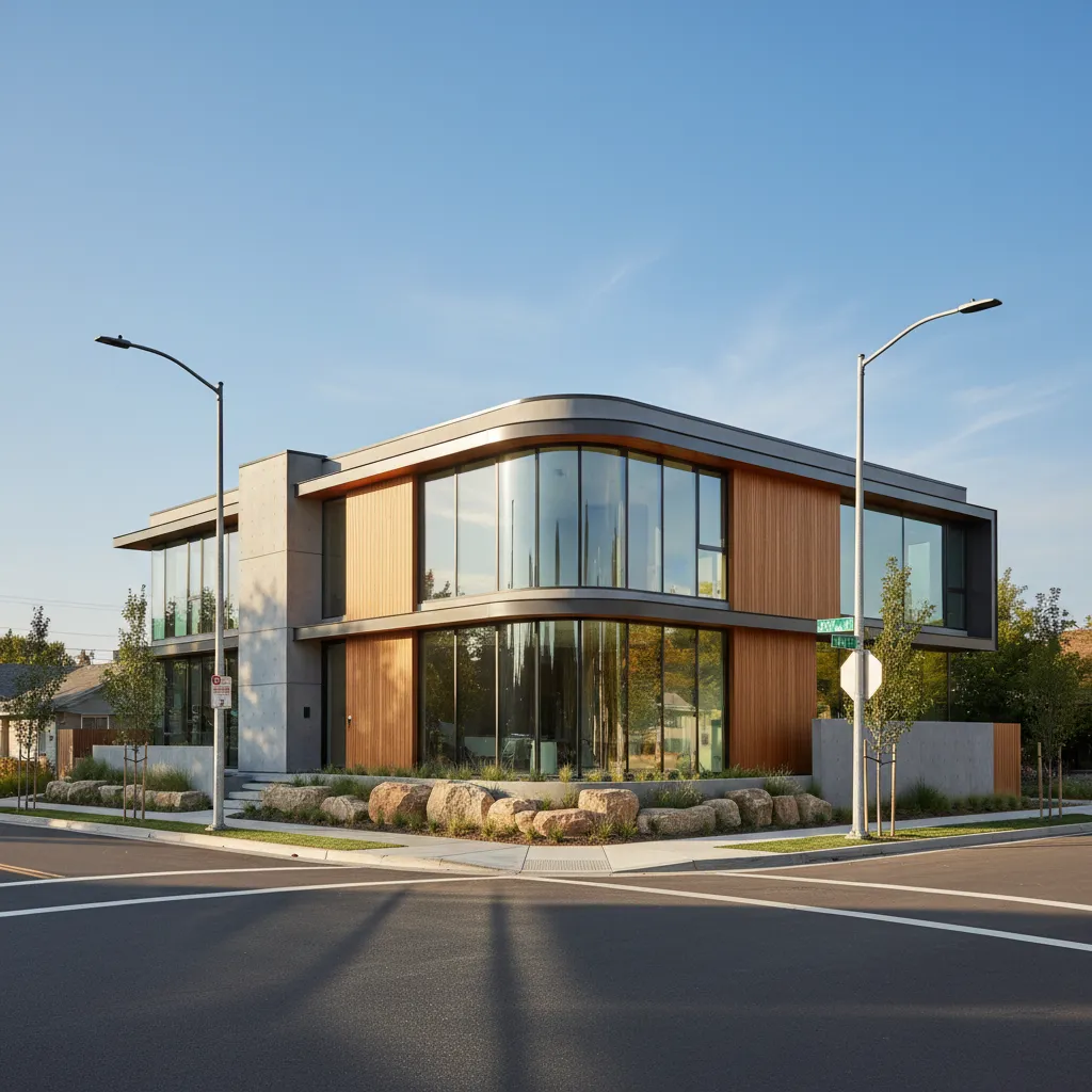 Fachada contemporánea de una casa ubicada en una esquina urbana