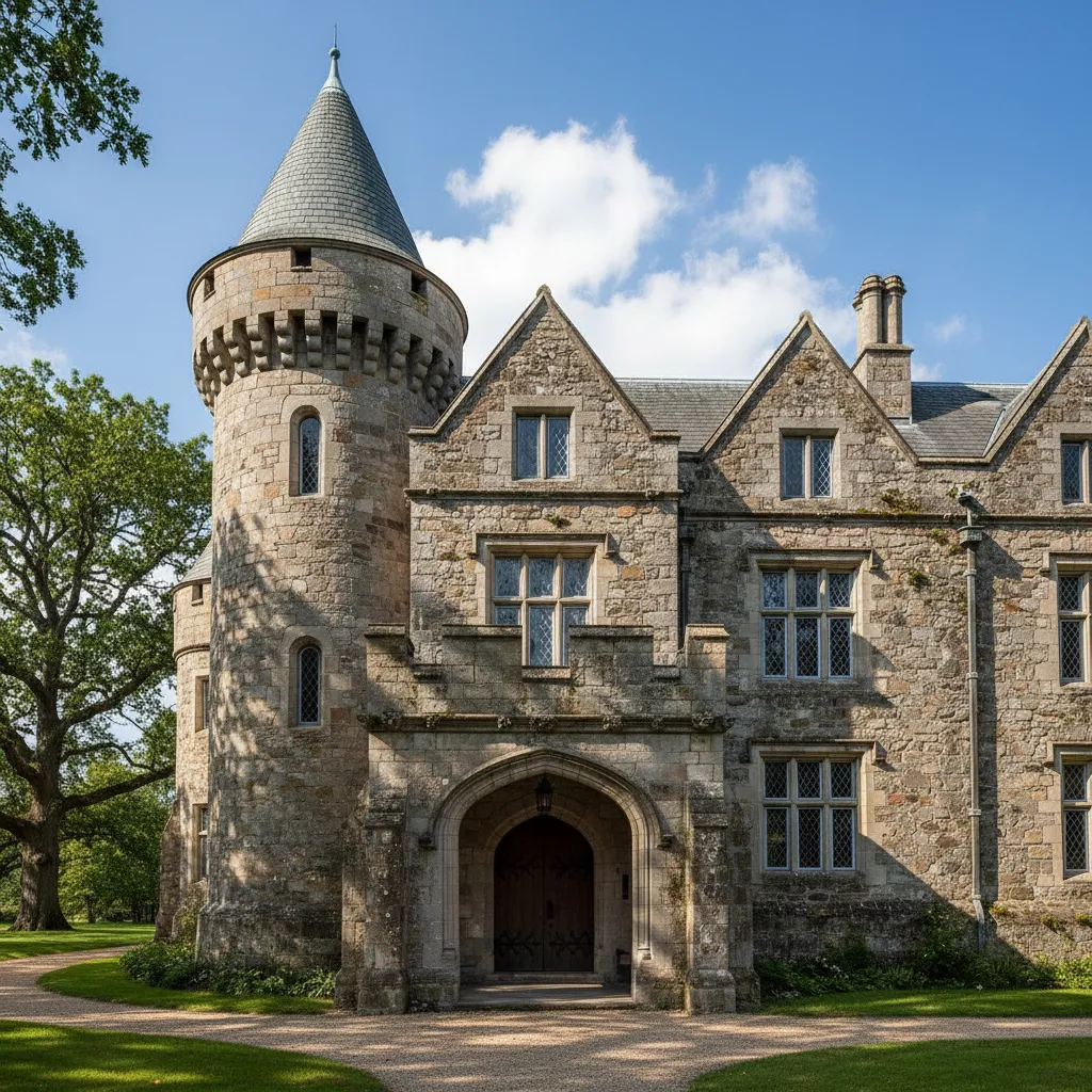 Fachada de una casa estilo castillo con torres y muros de piedra