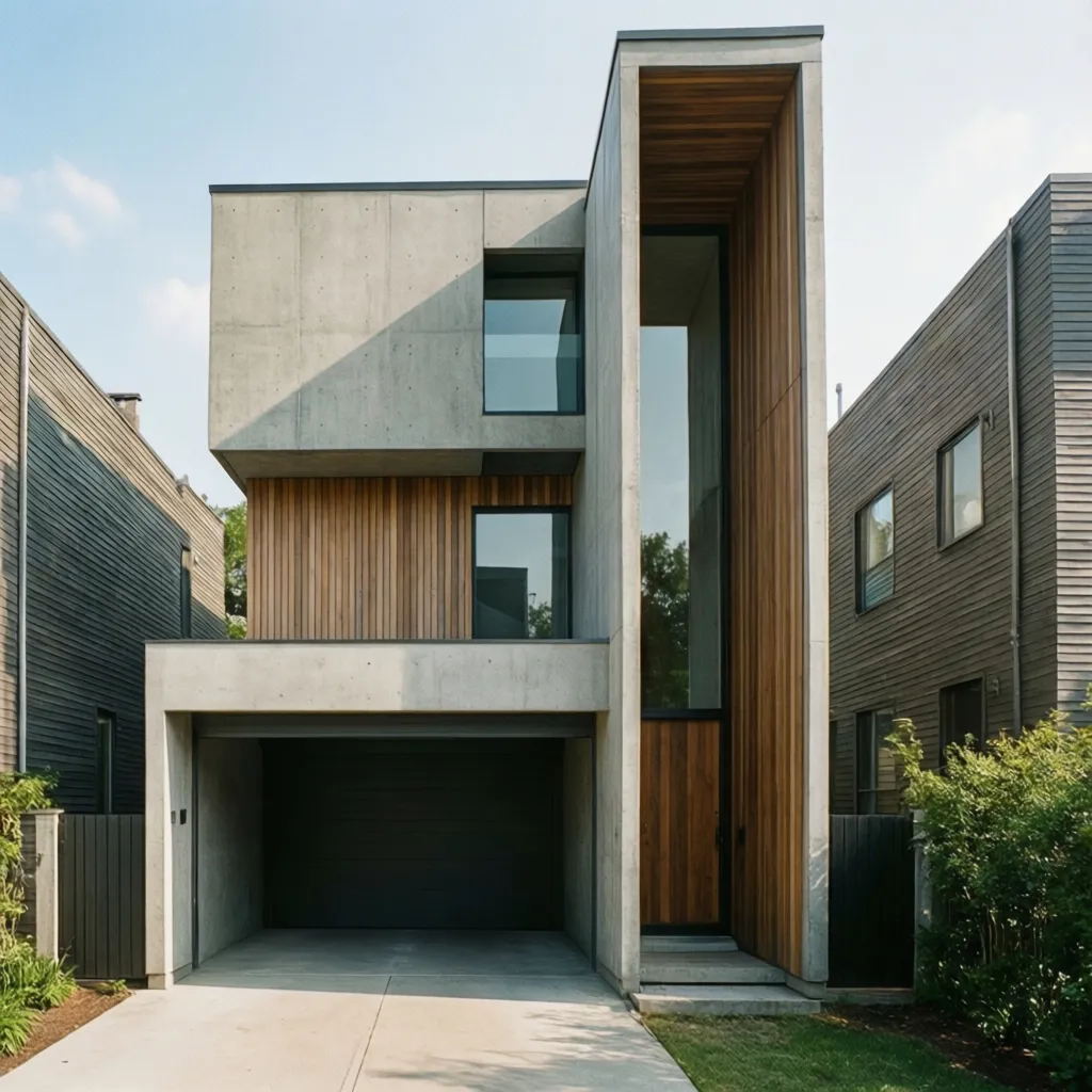 Casa moderna estrecha con volúmenes que crean profundidad en la fachada