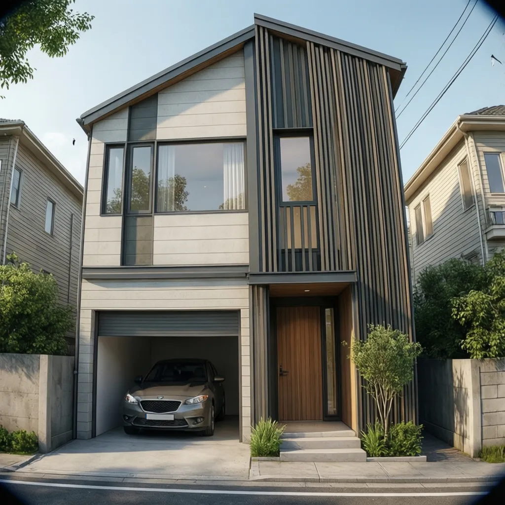 Distribución de garaje y entrada en casa con frente de 7 metros