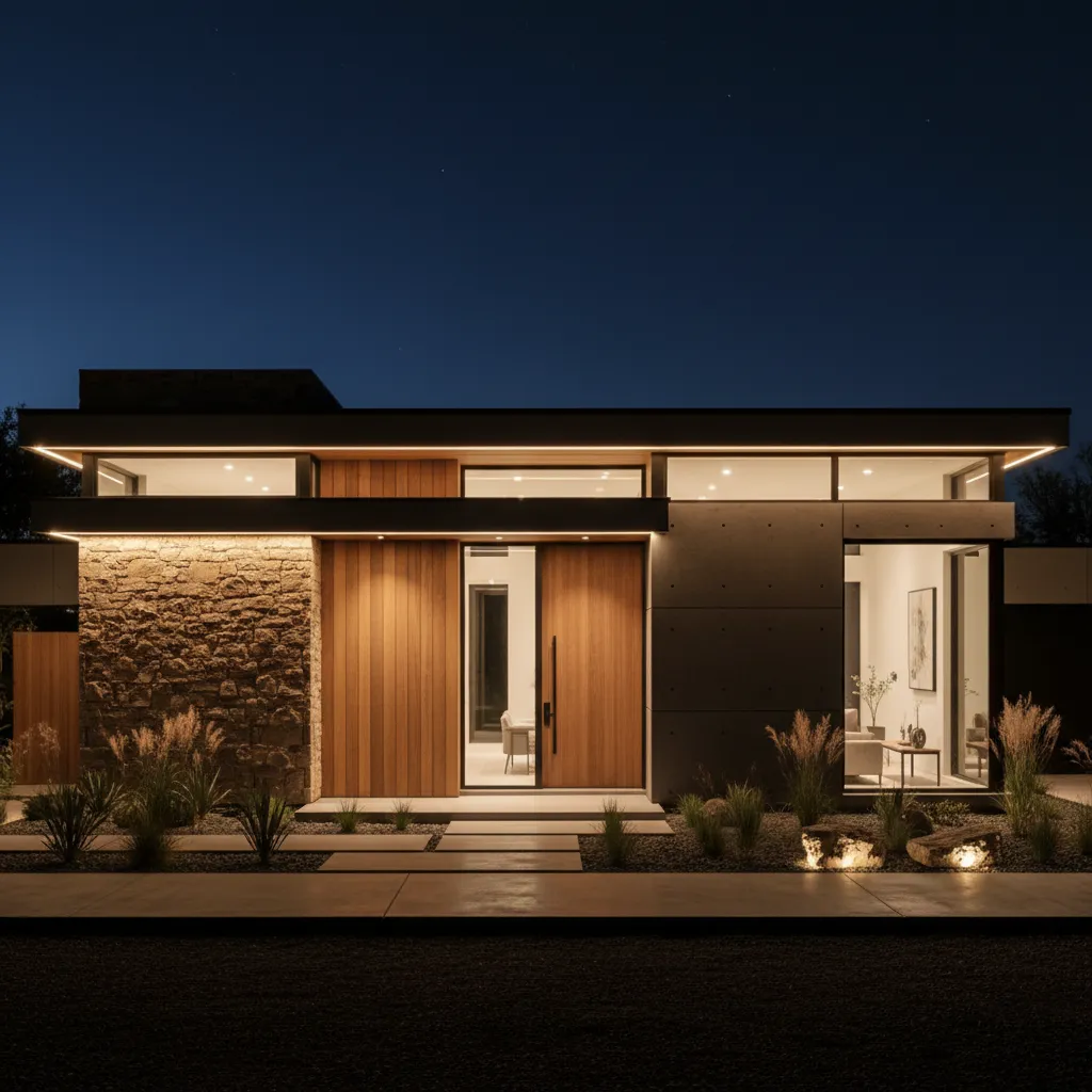 Modern house at night with warm light fixtures, stone wall, large windows, and desert plants