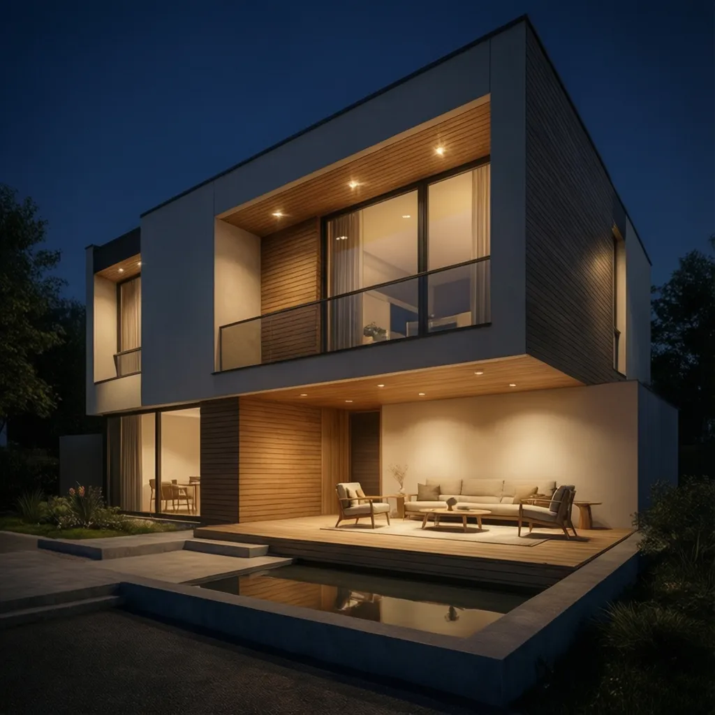 Modern two story house at night with warm lights wooden walls and an outdoor sofa area