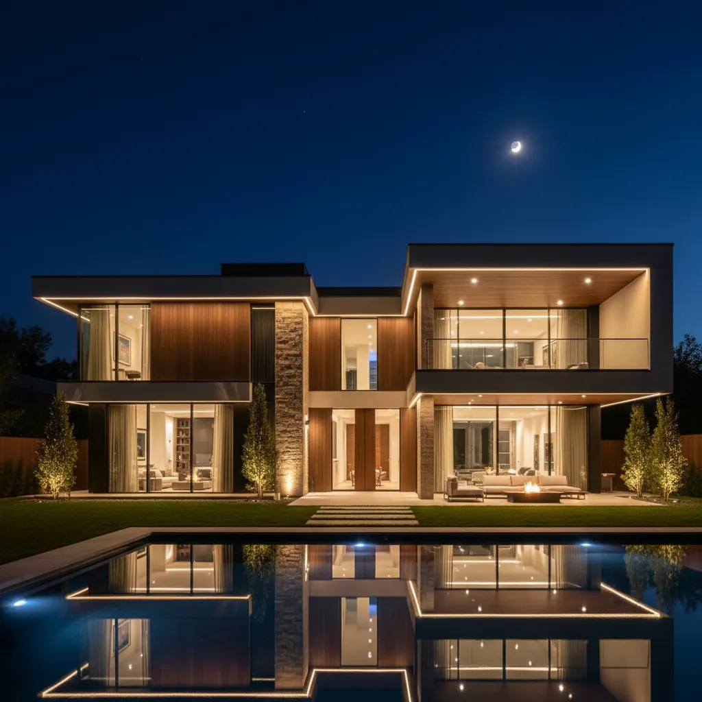Fachada de casa moderna iluminada por la noche con luces arquitectónicas