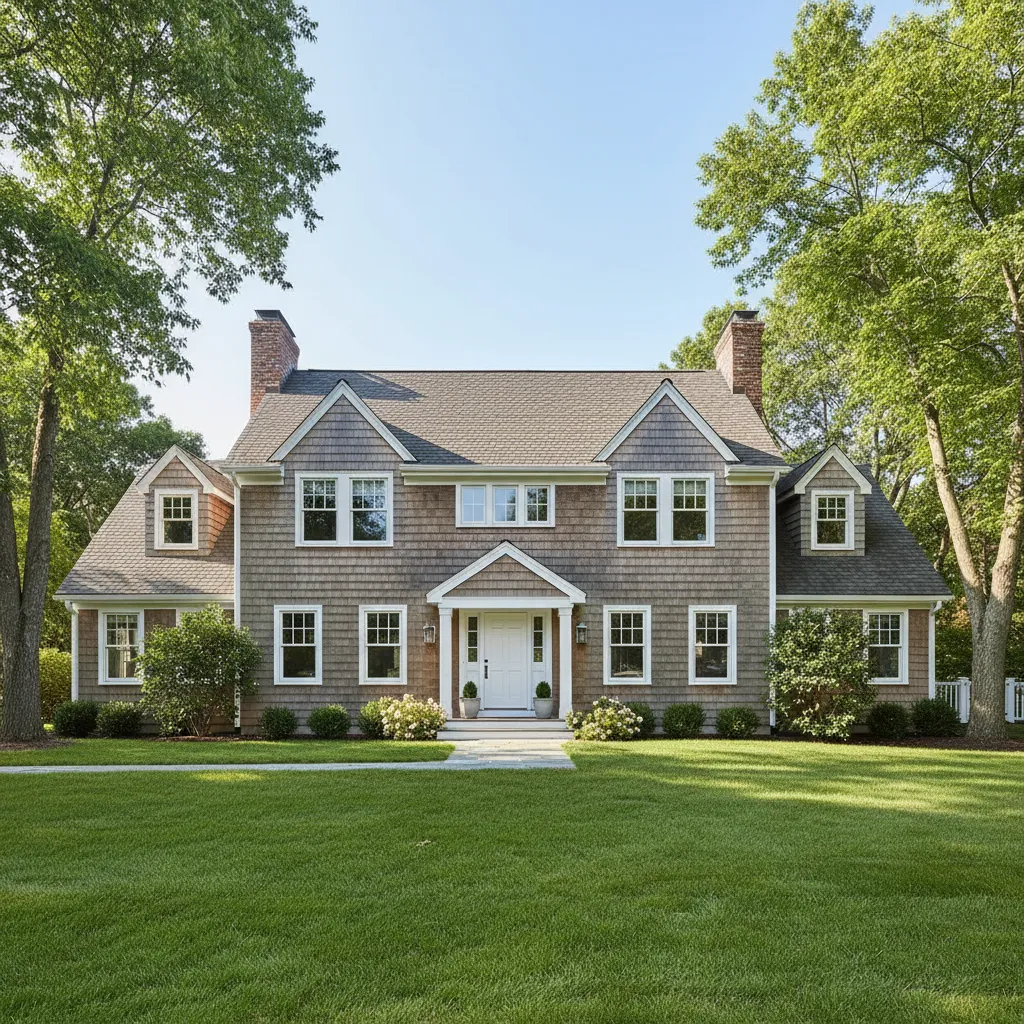 Fachada de casa de madera estilo americano con jardín