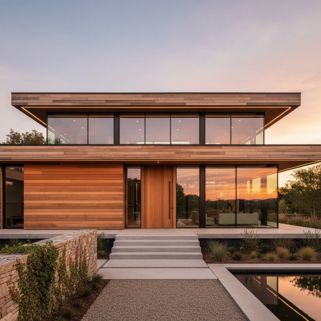 Fachada contemporánea de casa de madera con grandes ventanales