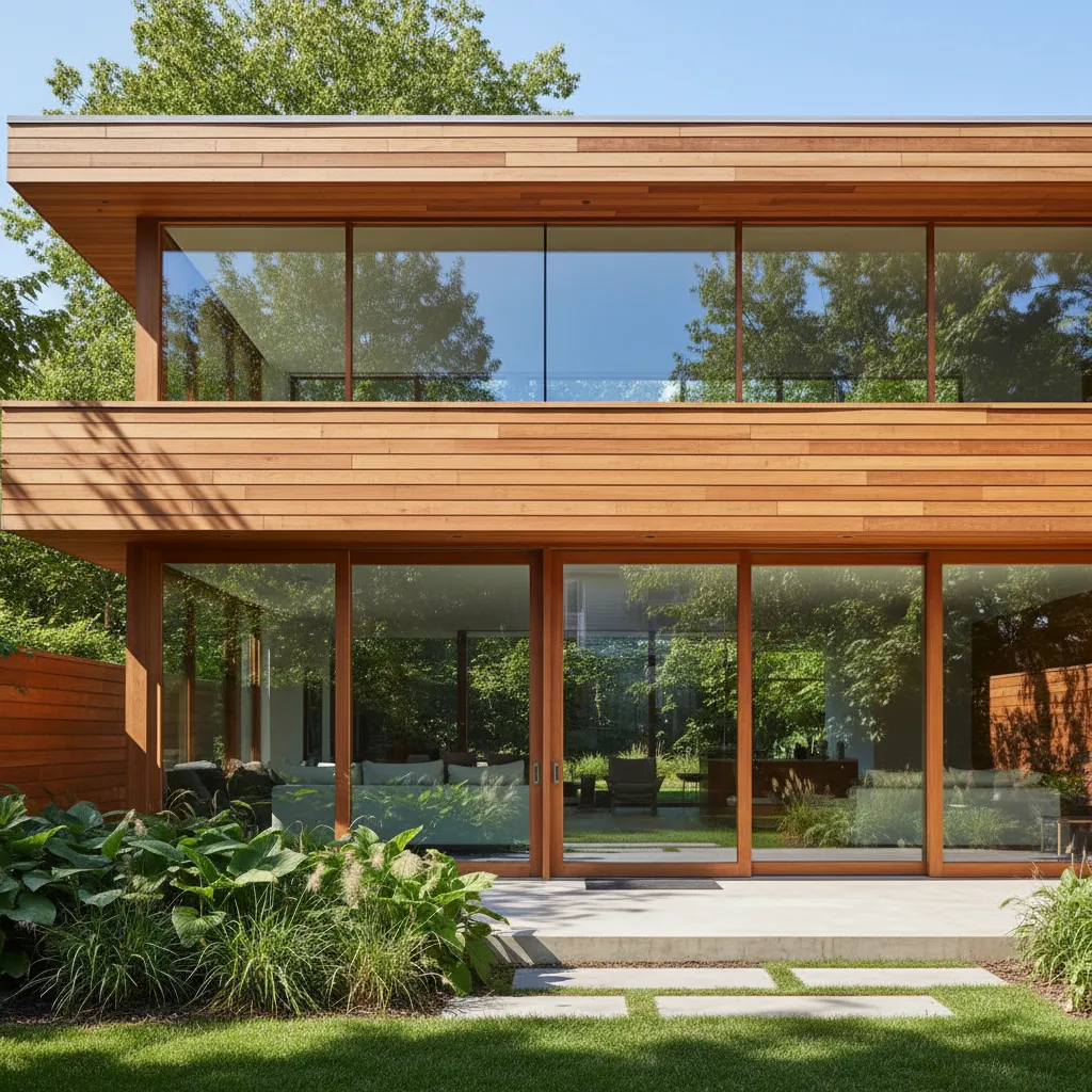 Fachada de casa contemporánea con madera y grandes ventanales hacia el jardín