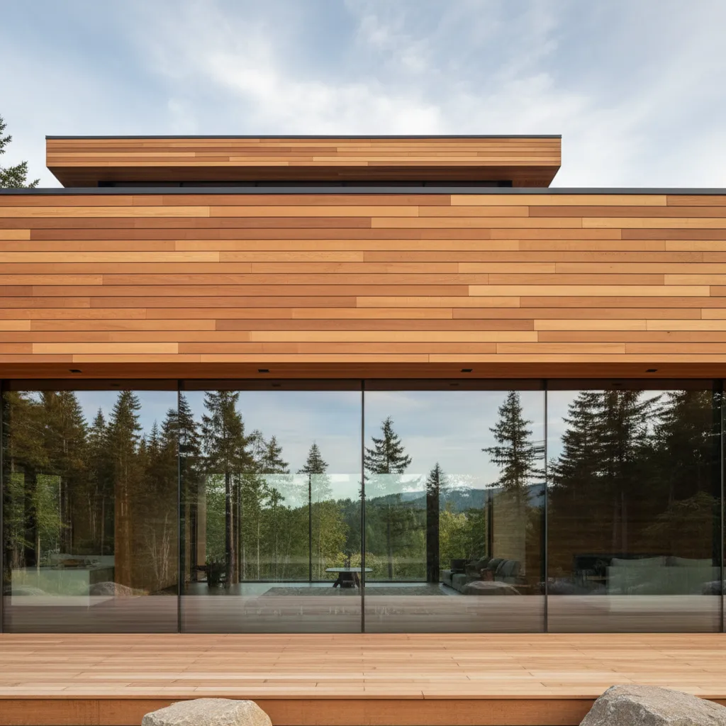 Modern wood house facade with large glass windows reflecting a forest and a bright sky.