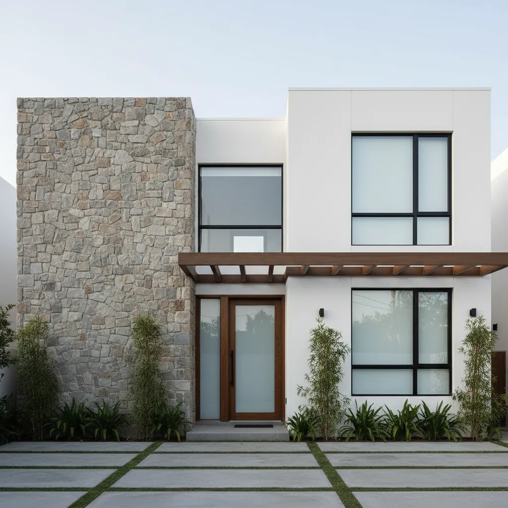 Modern two story white house with stone wall large windows wooden door and simple green driveway