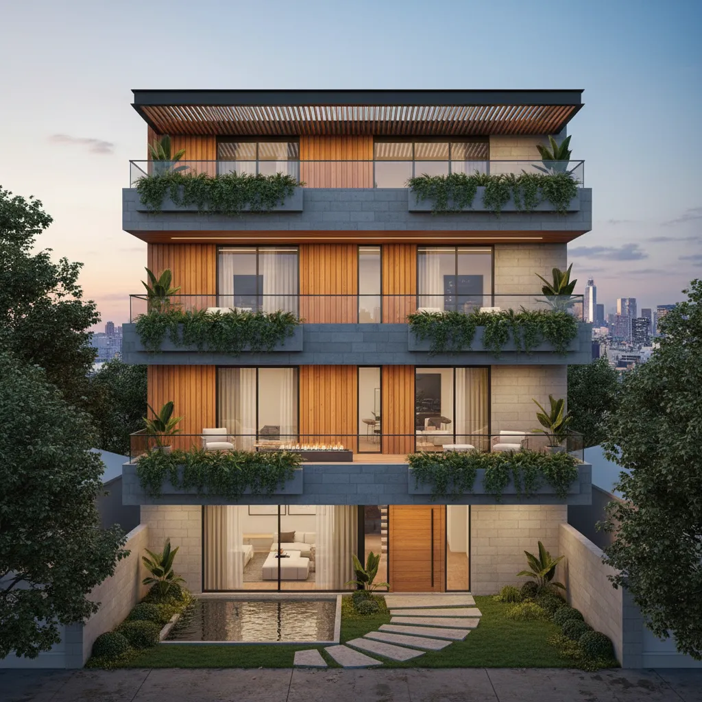 Fachada moderna de vivienda de tres niveles con balcones y grandes ventanas