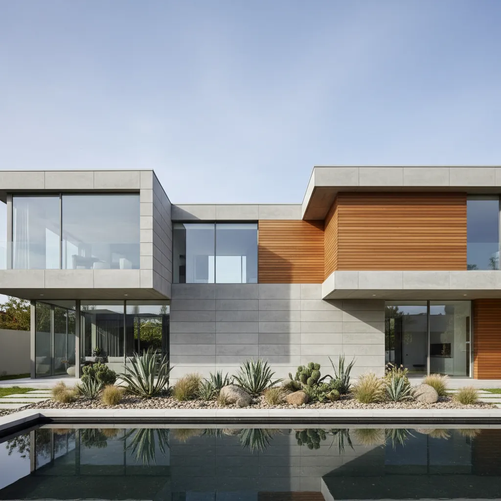 Modern house exterior with concrete walls, wood panels, large windows, and reflection in swimming pool