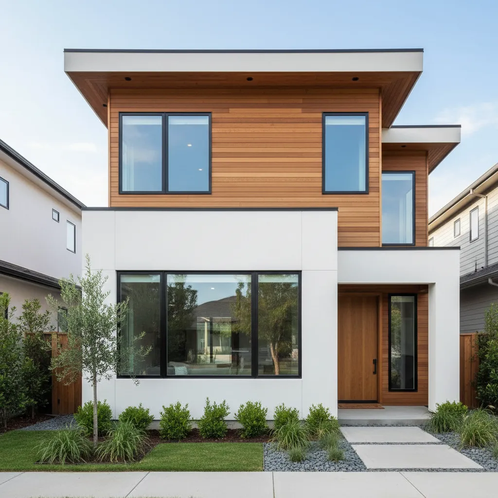 Casa moderna con fachada minimalista en un barrio residencial