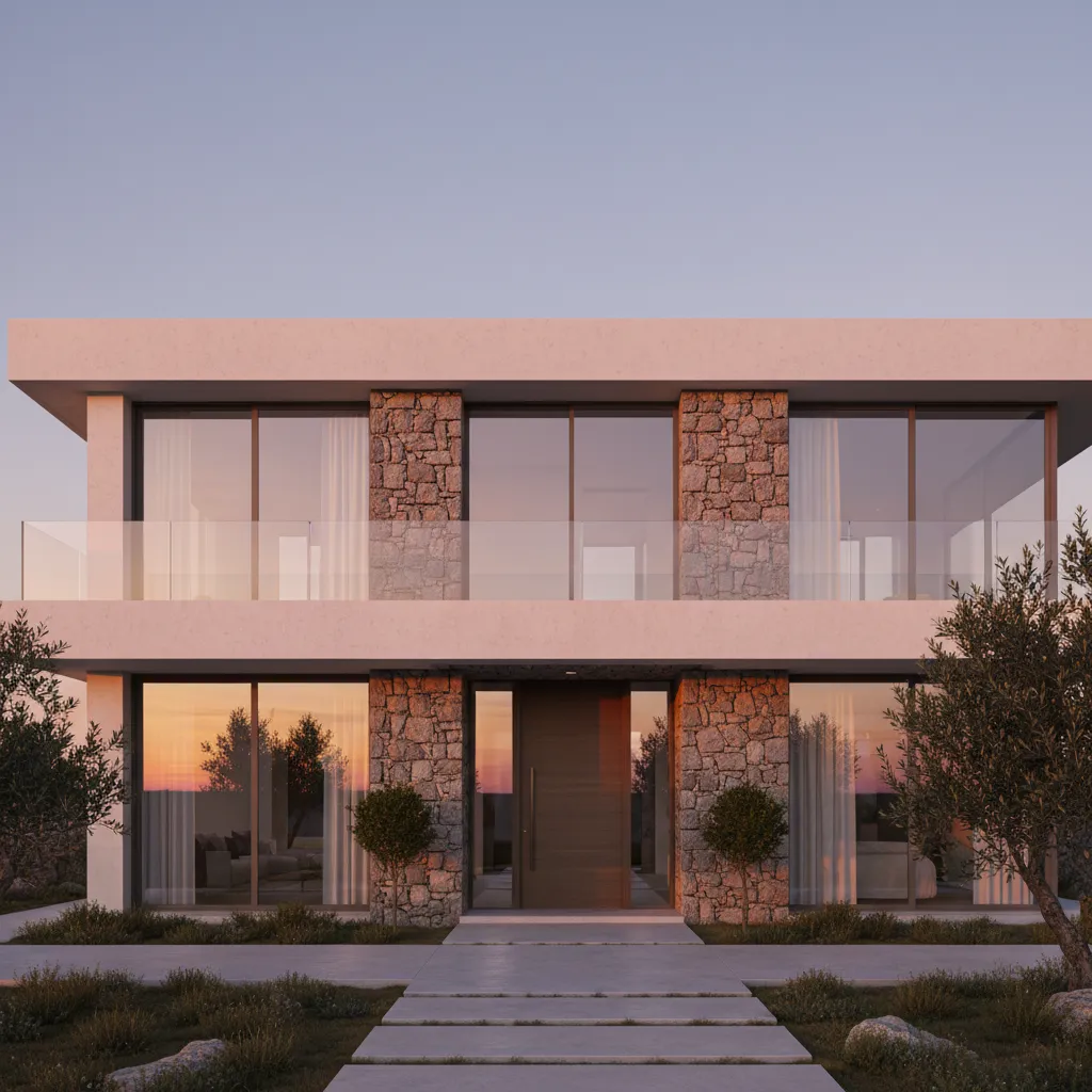Fachada moderna con piedra y hormigón en una casa contemporánea
