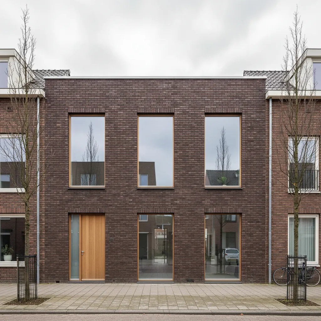 Fachada de vivienda contemporánea holandesa con ladrillo y vidrio