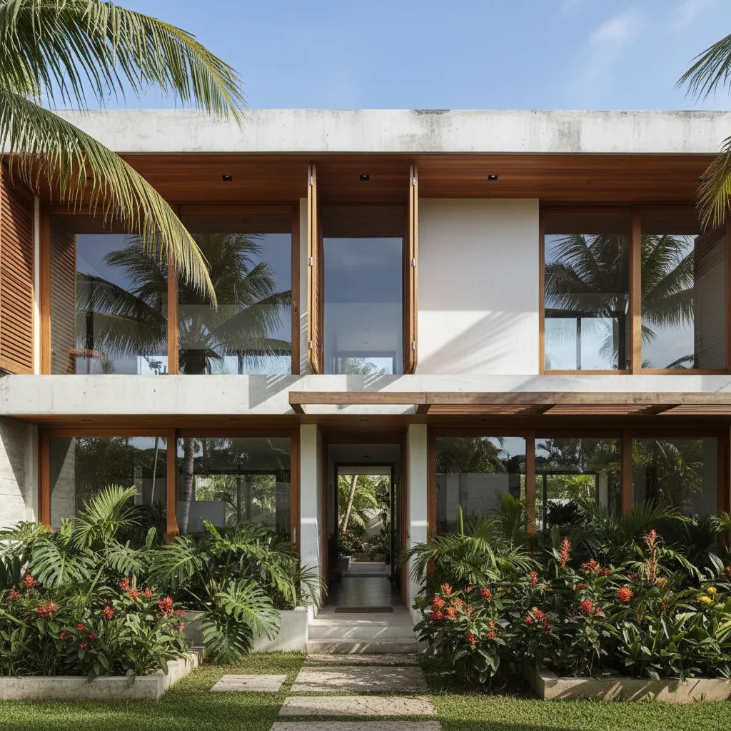 Fachada moderna de casa tropical con jardín y grandes ventanas