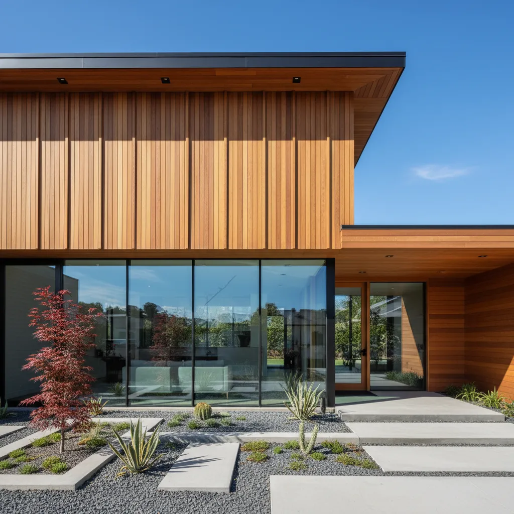 Fachada de casa moderna con paneles de madera y ventanas grandes