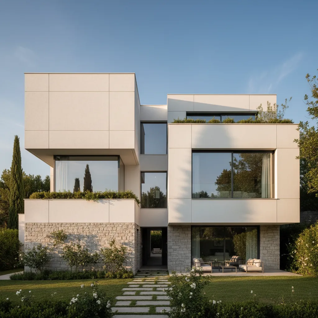 Fachada de casa moderna con volúmenes blancos y grandes ventanas