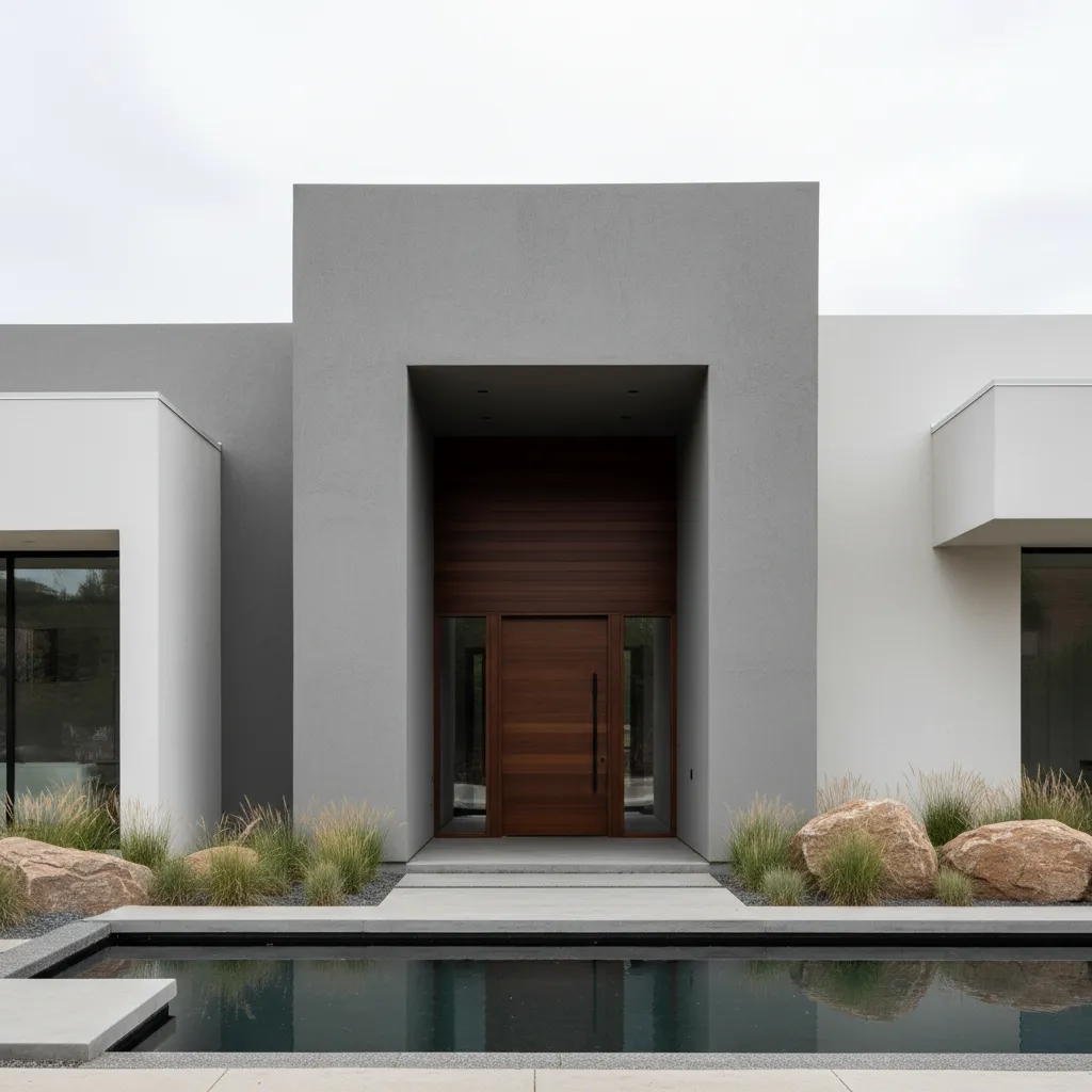 Casa moderna con volúmenes arquitectónicos definidos y entrada destacada