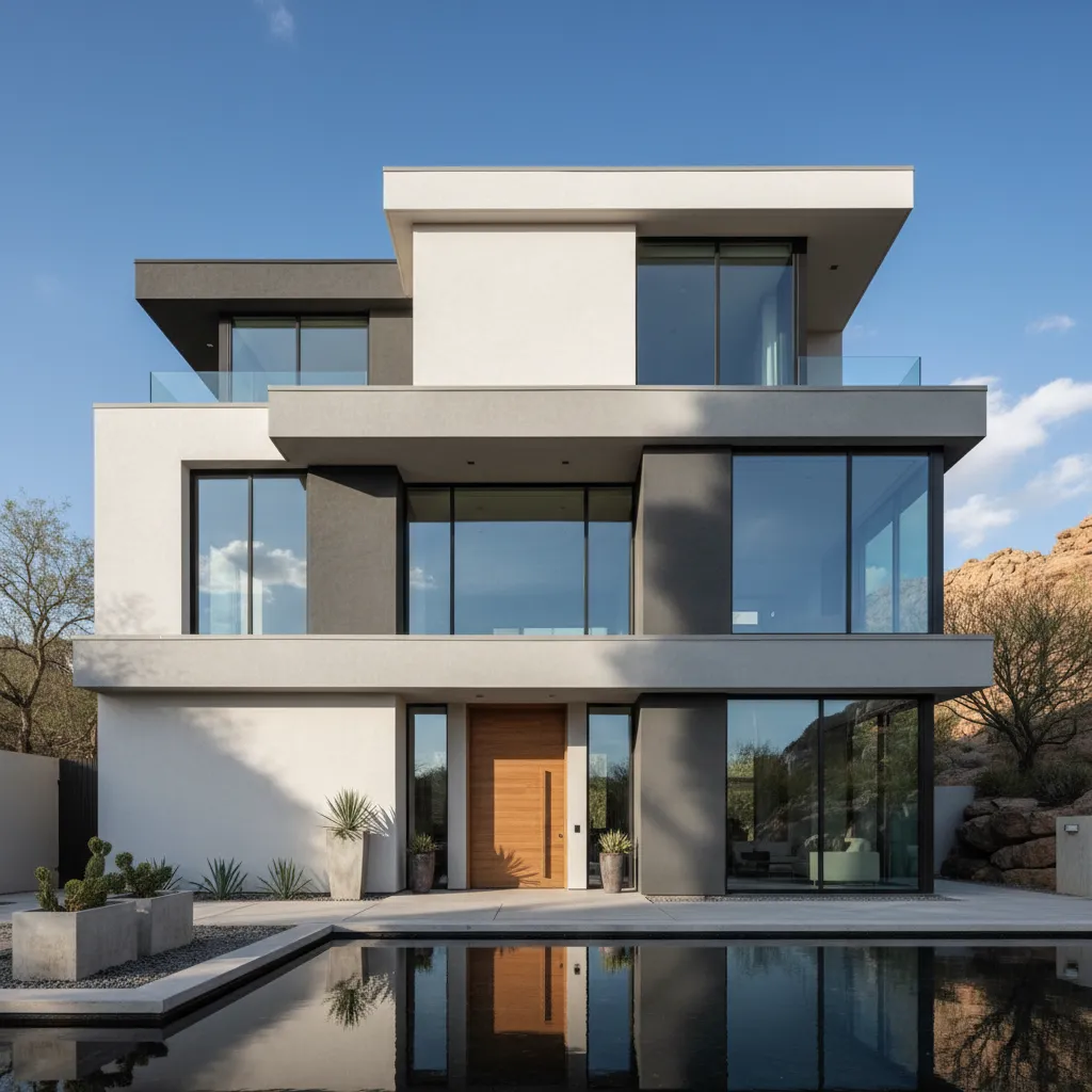 Modern three story house with white and grey walls large glass windows and a wood entrance