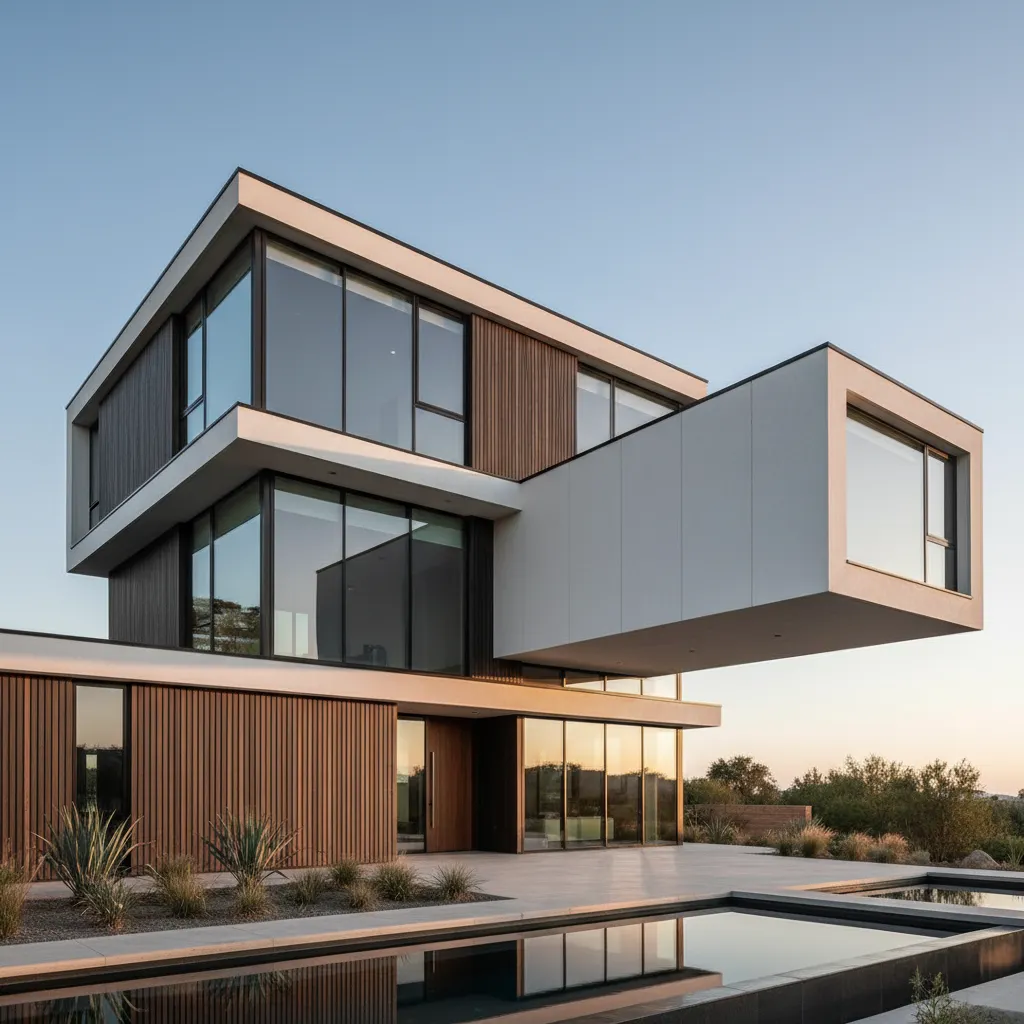 Casa moderna con volúmenes arquitectónicos y grandes ventanales