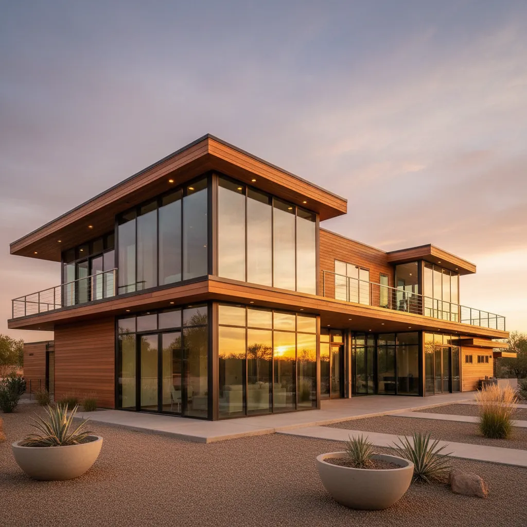 Fachada elegante de casa modular moderna de dos niveles