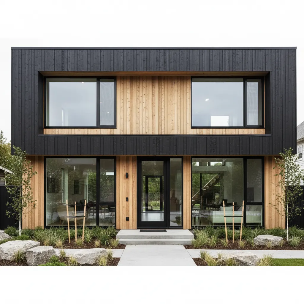 Fachada negra moderna combinada con madera natural