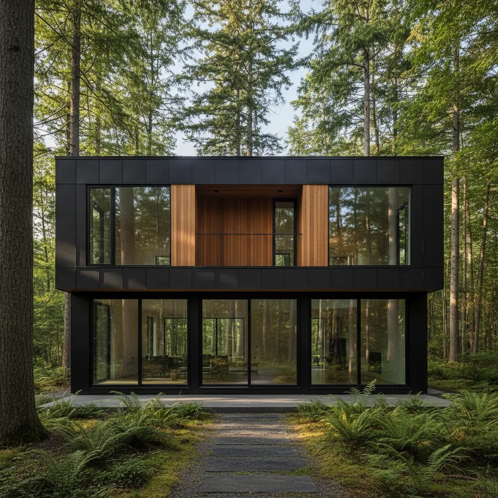 Casa negra contemporánea combinada con revestimiento de madera
