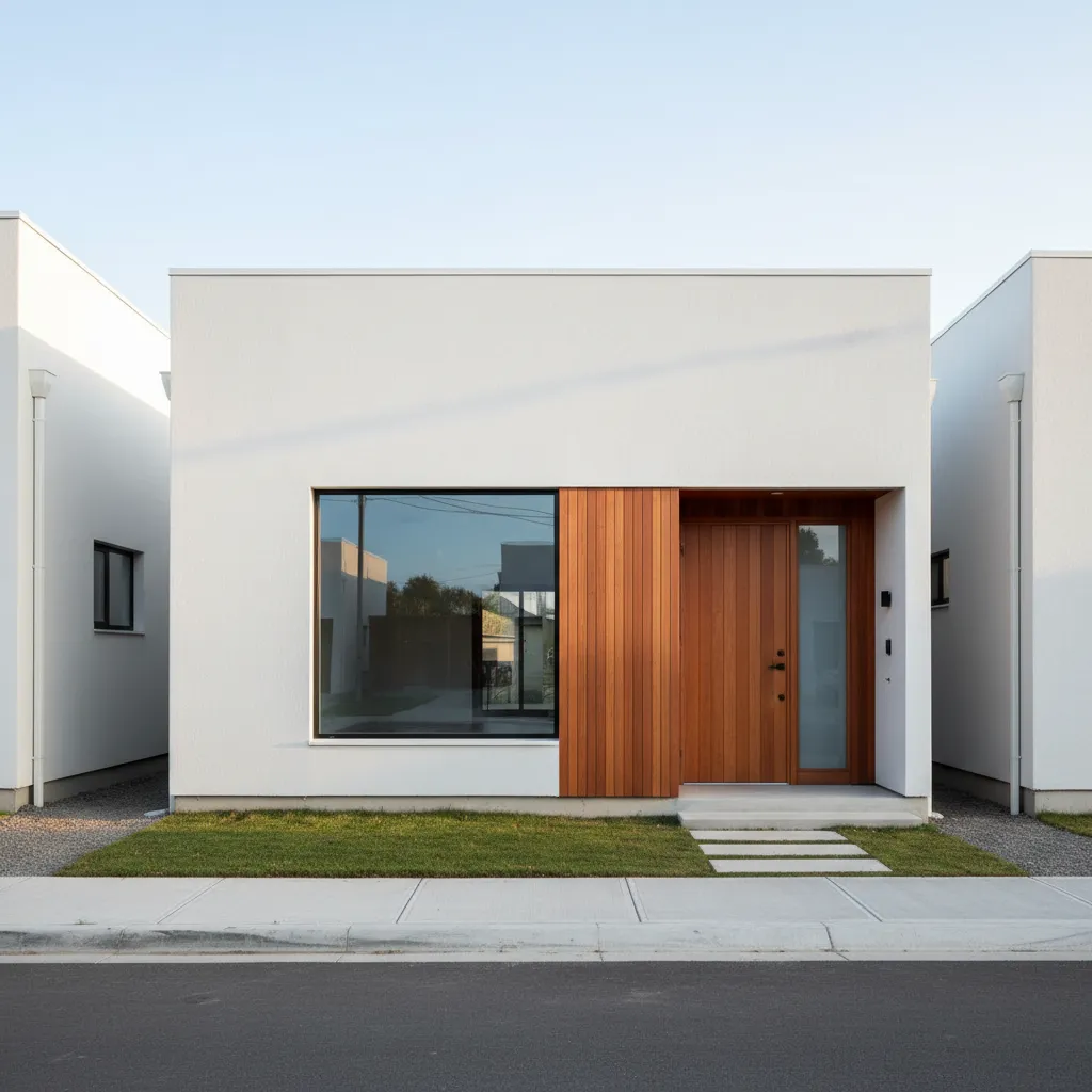 Casa pequeña con fachada minimalista blanca y detalles en madera