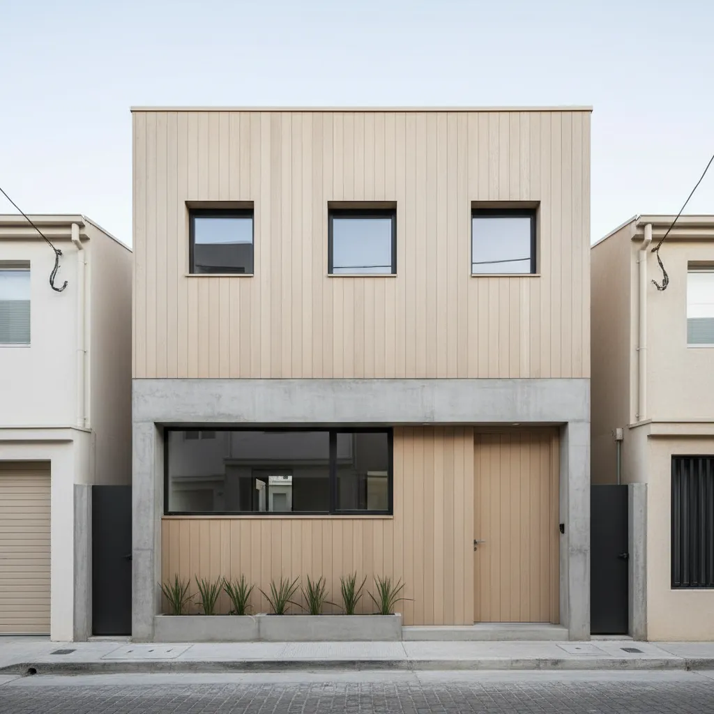 Minimalist narrow house with light wood panels concrete frame small black windows and wooden door