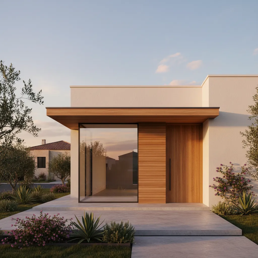 Fachada de casa pequeña moderna con materiales simples