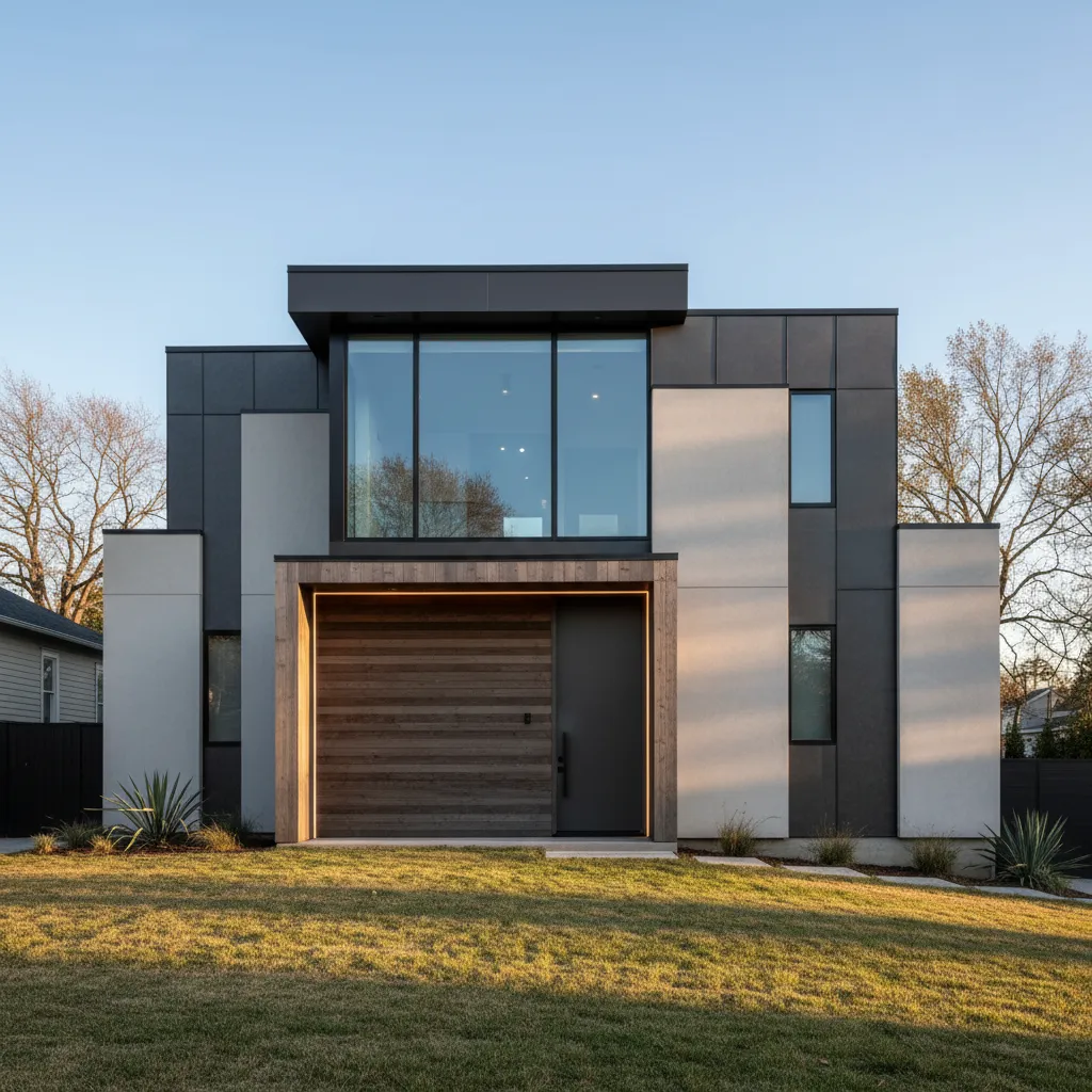 Casa pequeña moderna con volumen destacado en la entrada