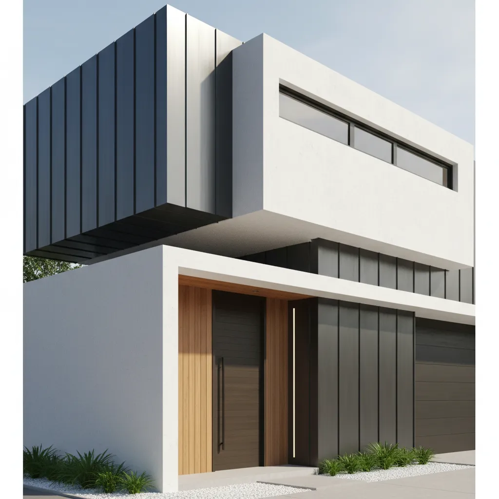 Fachada de casa pequeña con volúmenes modernos y contraste de materiales