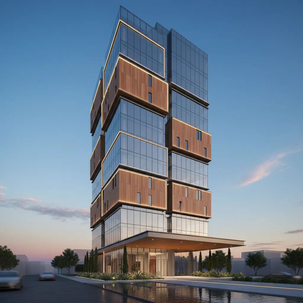 Modern tall building exterior view with glass walls and wood panels during a clear sunset