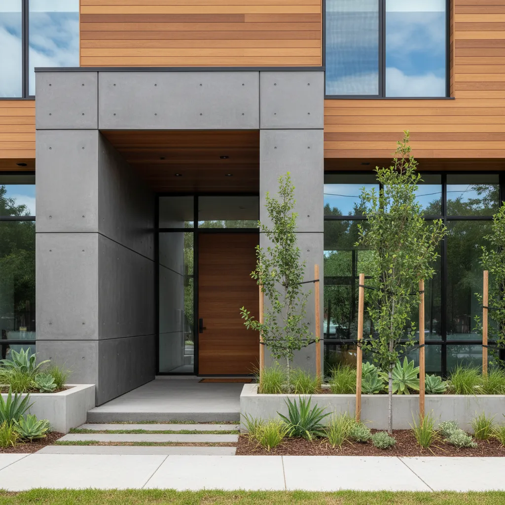 Modern house entrance with wooden door, grey concrete walls, large windows, and small green plants