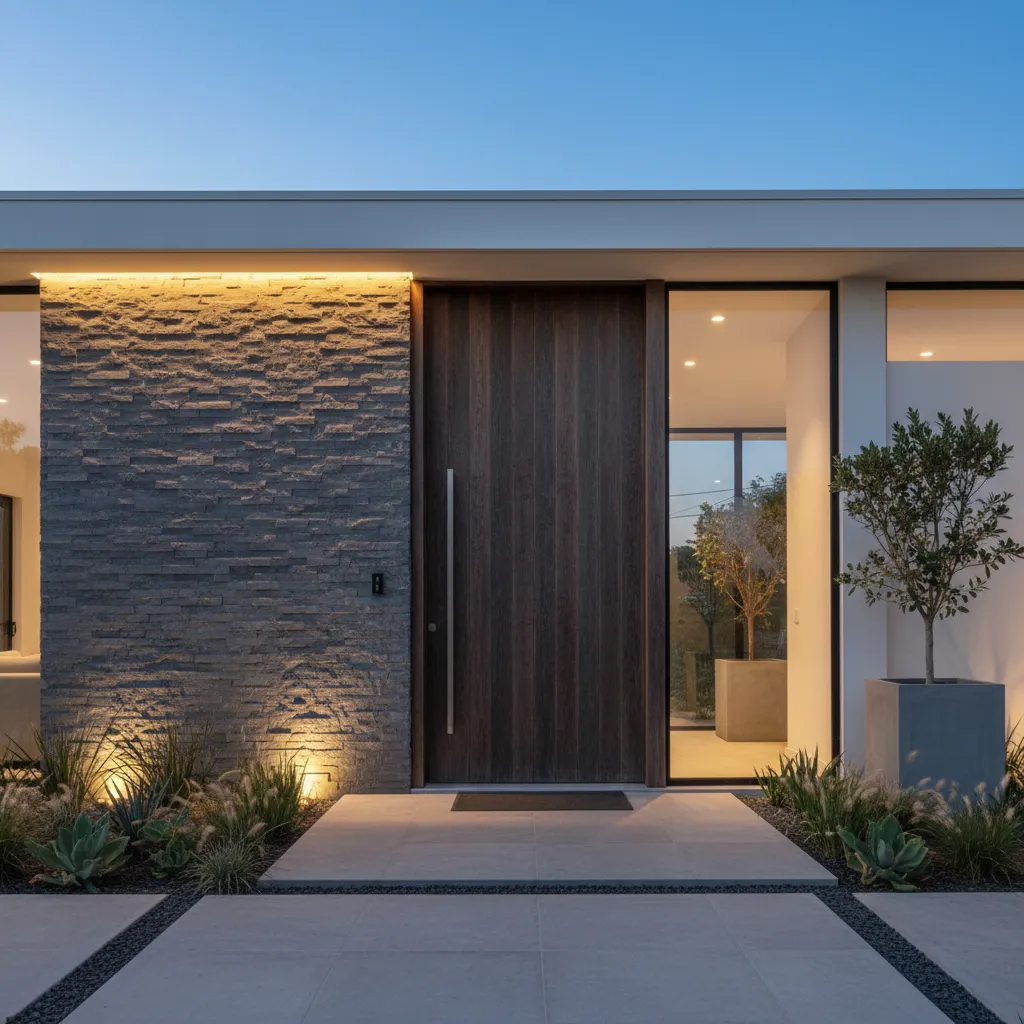 Entrada de casa con muro de piedra laja como elemento focal