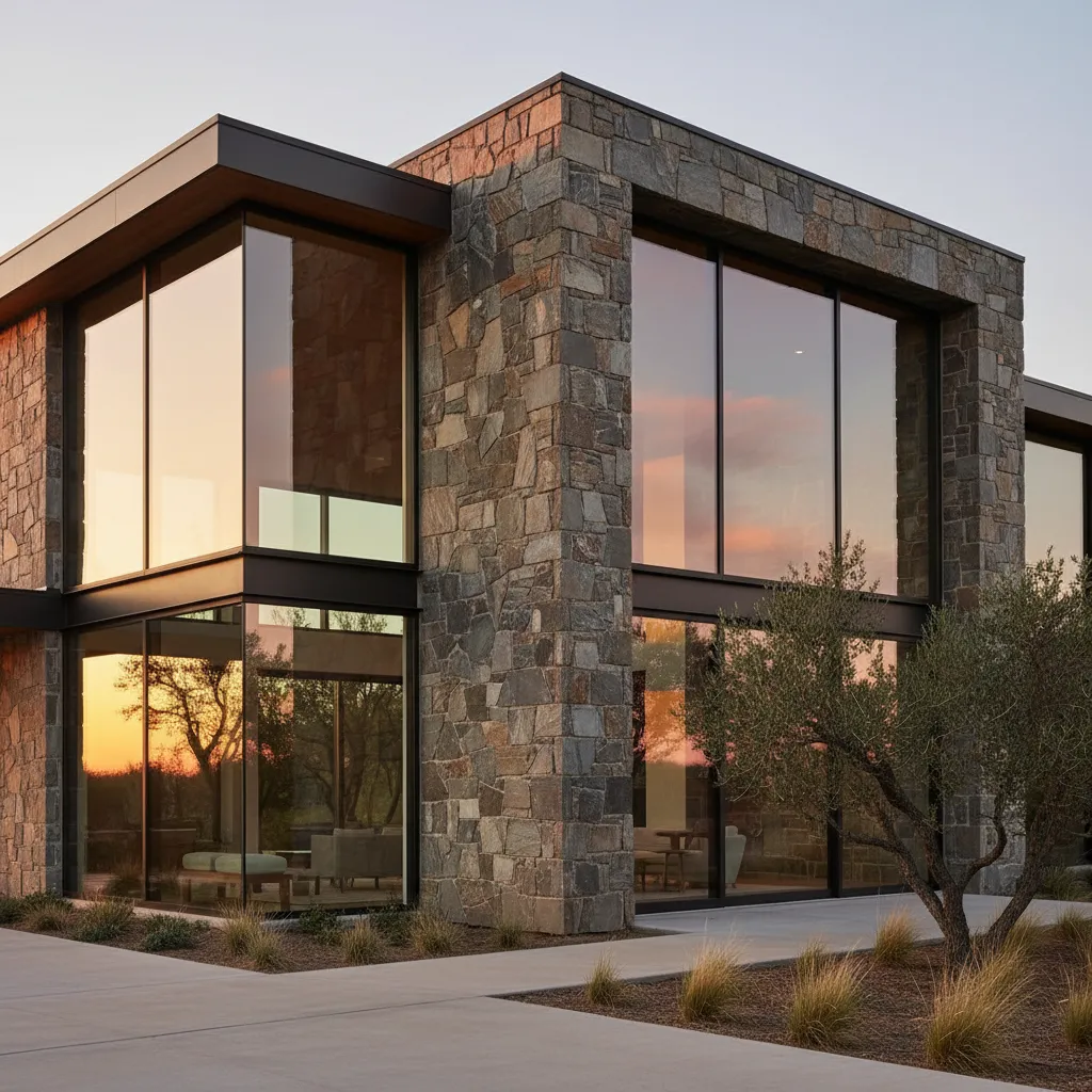 Modern stone house facade with large windows reflecting the orange sunset sky and green trees