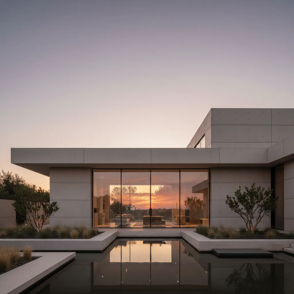Modern concrete house exterior with large glass windows reflecting a sunset over a calm pond