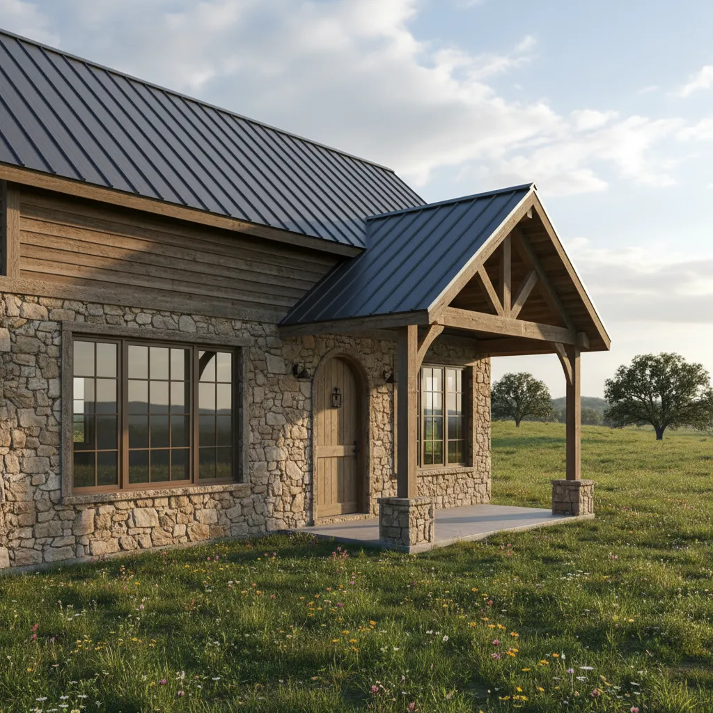 Fachada de casa prefabricada con revestimiento de piedra y madera