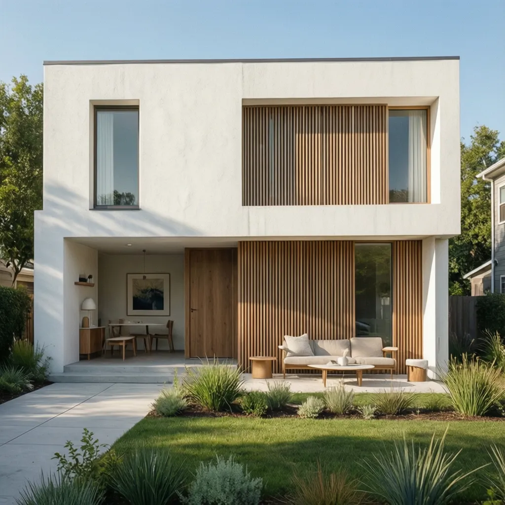 Modern white two-story house featuring wood wall panels, outdoor sofa, green grass, and blue sky