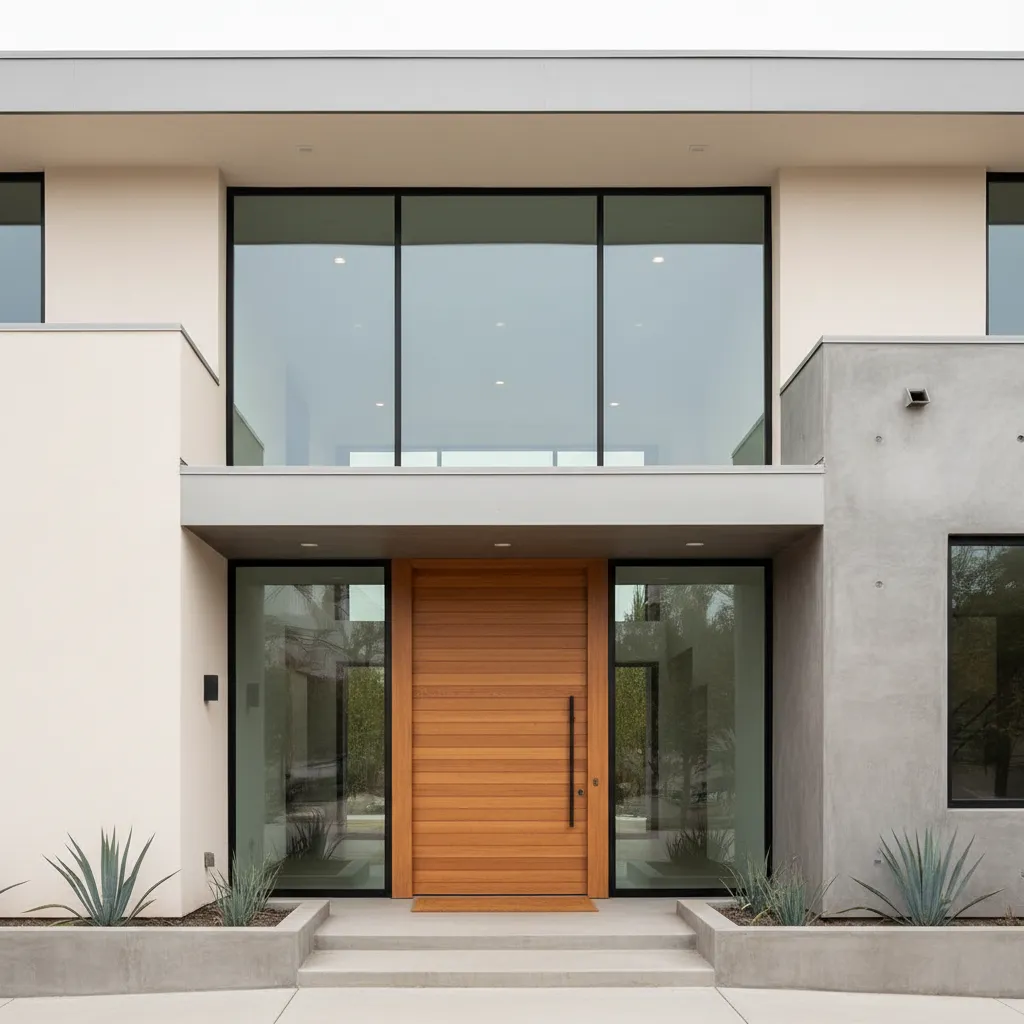 Fachada moderna con puerta principal grande de madera